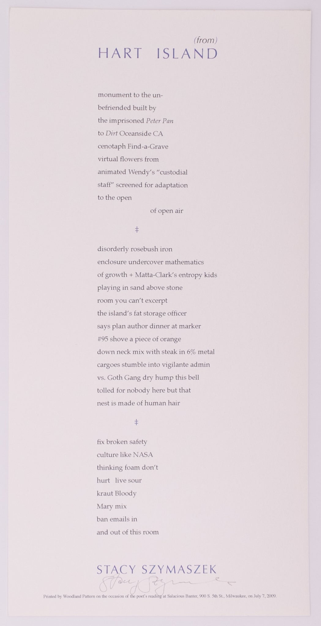 Broadside titled from hart island by Stacy Szymaszek. Blue and black text on grey paper