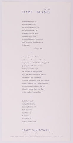 Broadside titled from hart island by Stacy Szymaszek. Blue and black text on grey paper