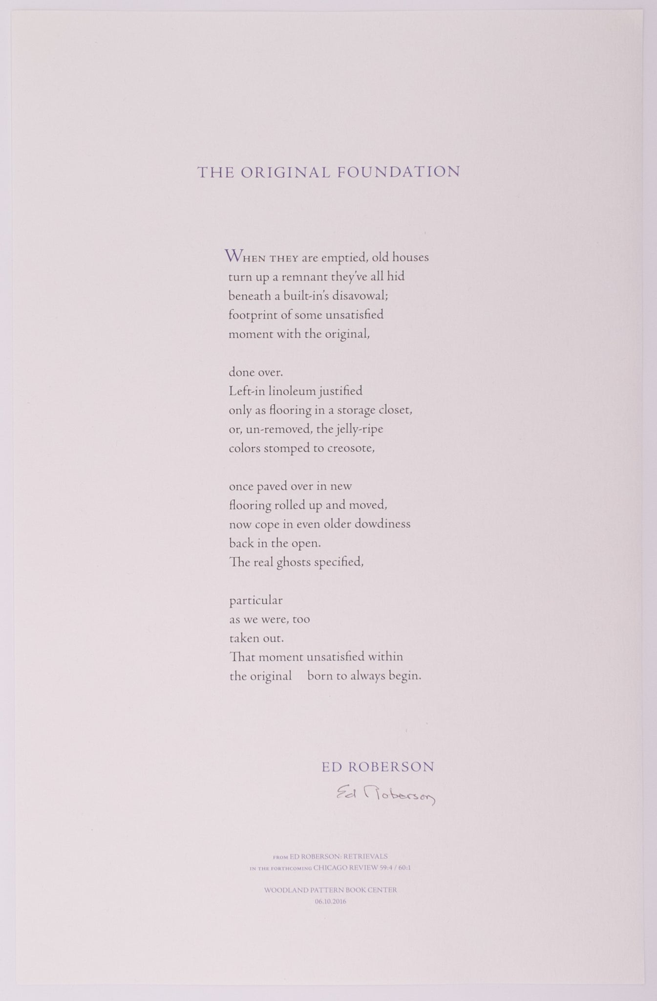 broadside titled the original foundation by Ed Roberson. Purple and black text on blueish grey paper.