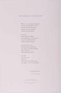 broadside titled the original foundation by Ed Roberson. Purple and black text on blueish grey paper.