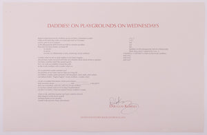 Broadside titled Daddies! On playgrounds on Wednesdays by Douglas Kearney. Red and black text on pinkish grey paper.