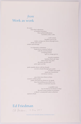 Broadside titled from work as work by Ed Friedman. Blue and black text on grey paper.