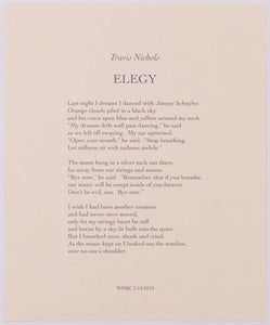Broadside titled Elegy by Travis Nichols. Blue and brown text on tan paper.