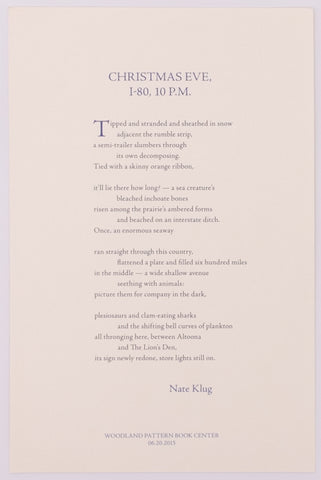 Broadside titled Christmas Eve, I-80, 10 P.M. by Nate Klug. Blue and grey text on cream paper.