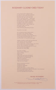 Broadside for Michael Rothenberg. The poem on it is called Rosemary Clooney Died Today. On cream paper in red and black text.