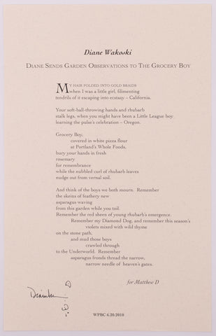 Broadside titled Diane sends garden observations  to the grocery boy by Diane Wakoski. Black text on cream paper.