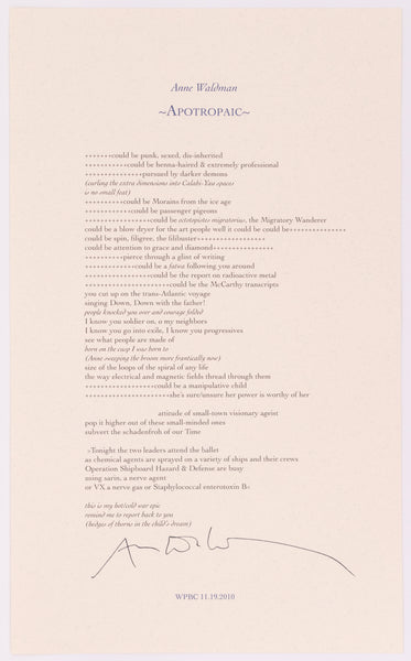 Broadside by Anne Waldman. The poem on it is called Apotropaic. Black and blue text on off white paper.