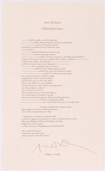 Broadside by Anne Waldman. The poem on it is called Apotropaic. Black and red text on off white paper.