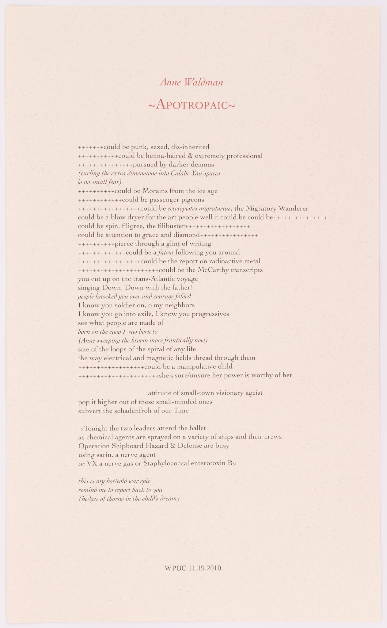 Broadside by Anne Waldman titled Apotropaic. Red and black text on cream paper