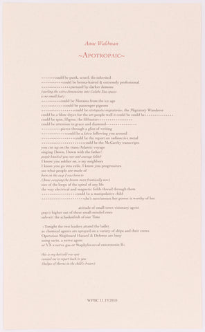 Broadside by Anne Waldman titled Apotropaic. Red and black text on cream paper