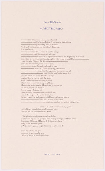 Broadside by Anne Waldman titled Apotropaic. blue and black text on cream paper