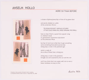Broadside called More so than before by Anselm Hollo in black text on grey paper. On the left side there are 2 images placed vertically that are the reverse of each other of a person climbing a ladder, an orange square, and a person on a balcony.