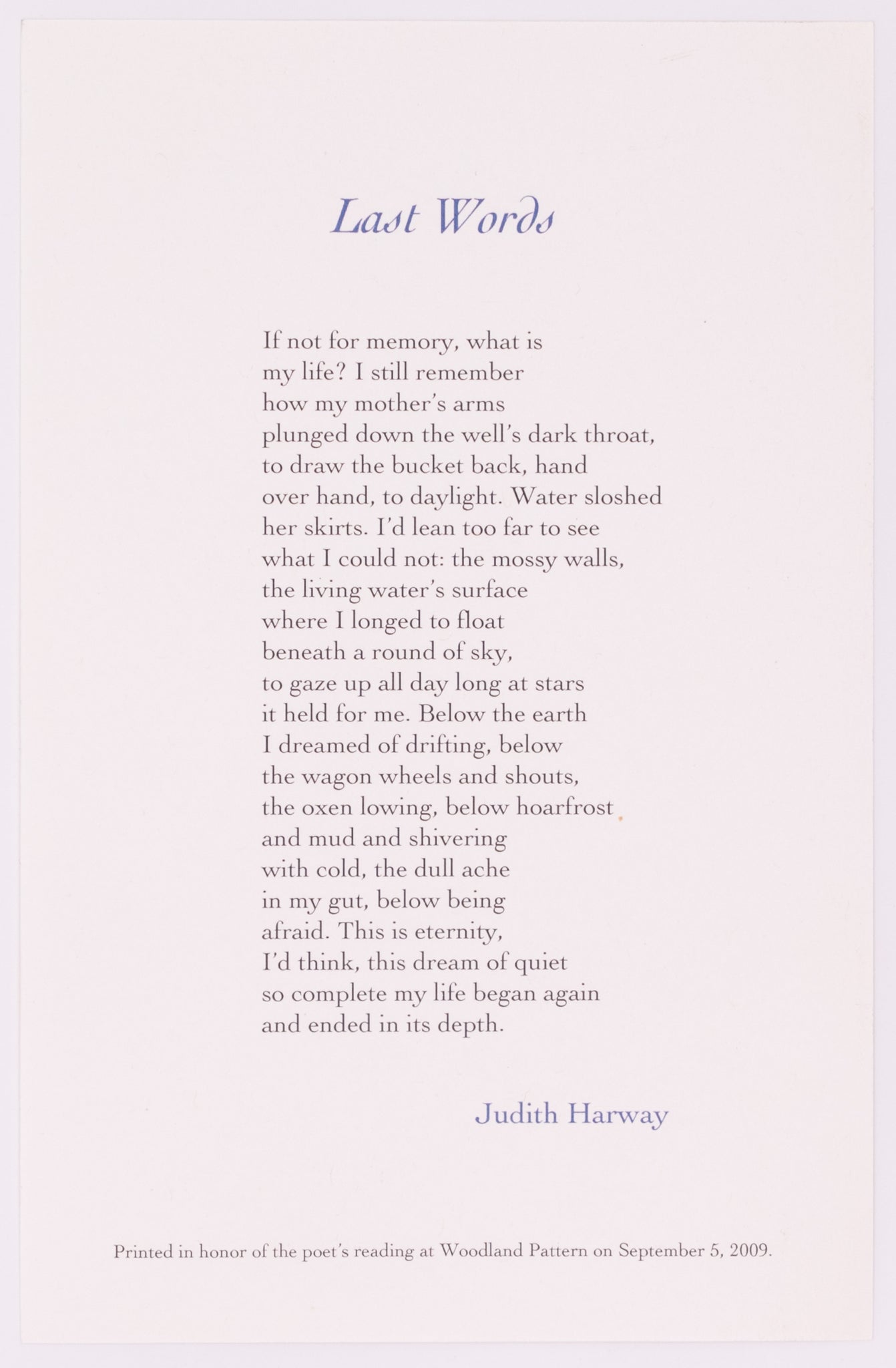 Broadside titled Last Words by Judith Harway. Blue and black text on grey paper.