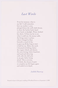 Broadside titled Last Words by Judith Harway. Blue and black text on grey paper.
