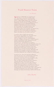 Broadside titled Frank Sinatra's trains by John Koethe. Red and black text on cream paper. 