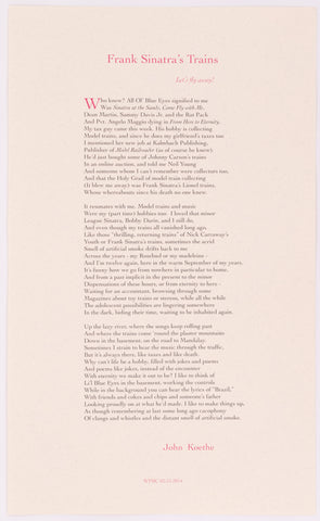 Broadside titled Frank Sinatra's trains by John Koethe. Red and black text on cream paper. 