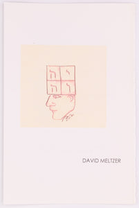 Broadside by David Meltzer. White page with black text. There is a cream square in the middle of the page with a profile of a face in red on it. Above the face is a square containing words in it.