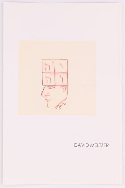 Broadside by David Meltzer. White page with black text. There is a cream square in the middle of the page with a profile of a face in red on it. Above the face is a square containing words in it.