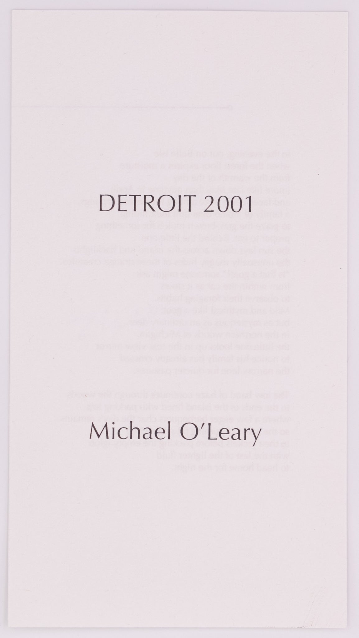 Cover of broadside titled Detroit 2001 by Michael O'Leary. Black text on white paper.