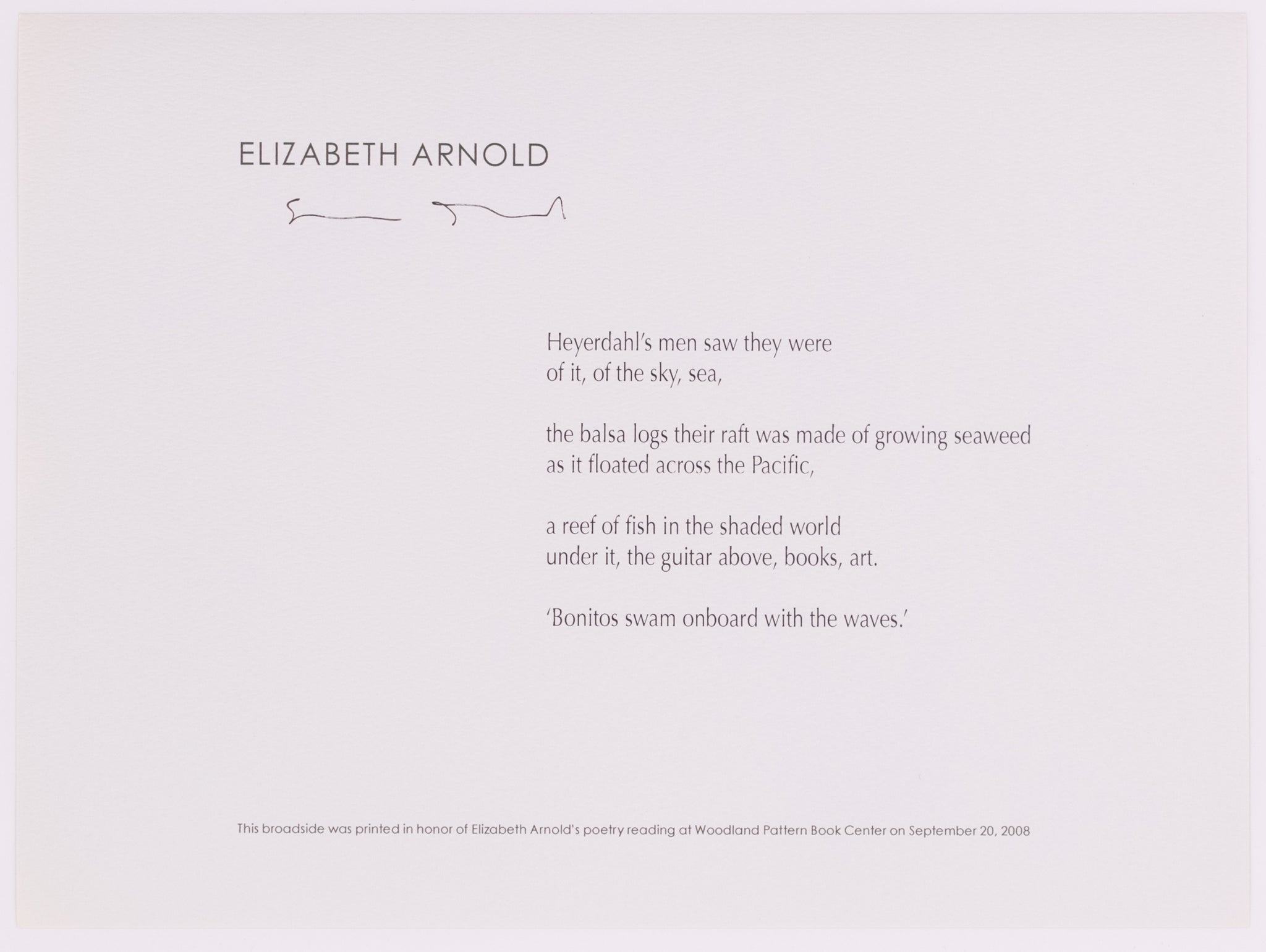 Broadside in honor of Elizabeth Arnold in grey text on blueish grey paper