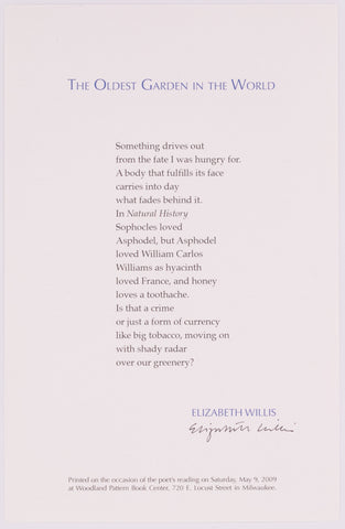 broadside titled the oldest garden in the world by Elizabeth Willis. Blue and black text on grey paper.
