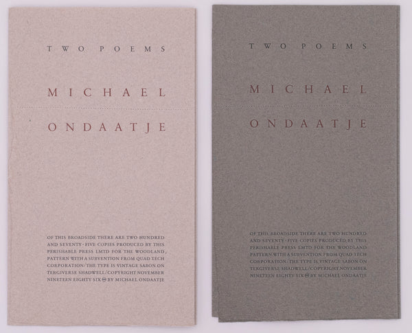 Shows the broadside in two different colors. On the left is the broadside on a grey paper and on the right is the broadside on at dark greenish grey paper.