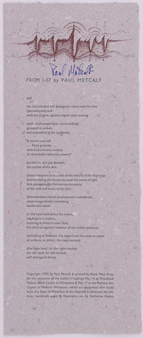 Broadside by Paul Metcalf titled From I - 57. Black text on blue handmade paper.