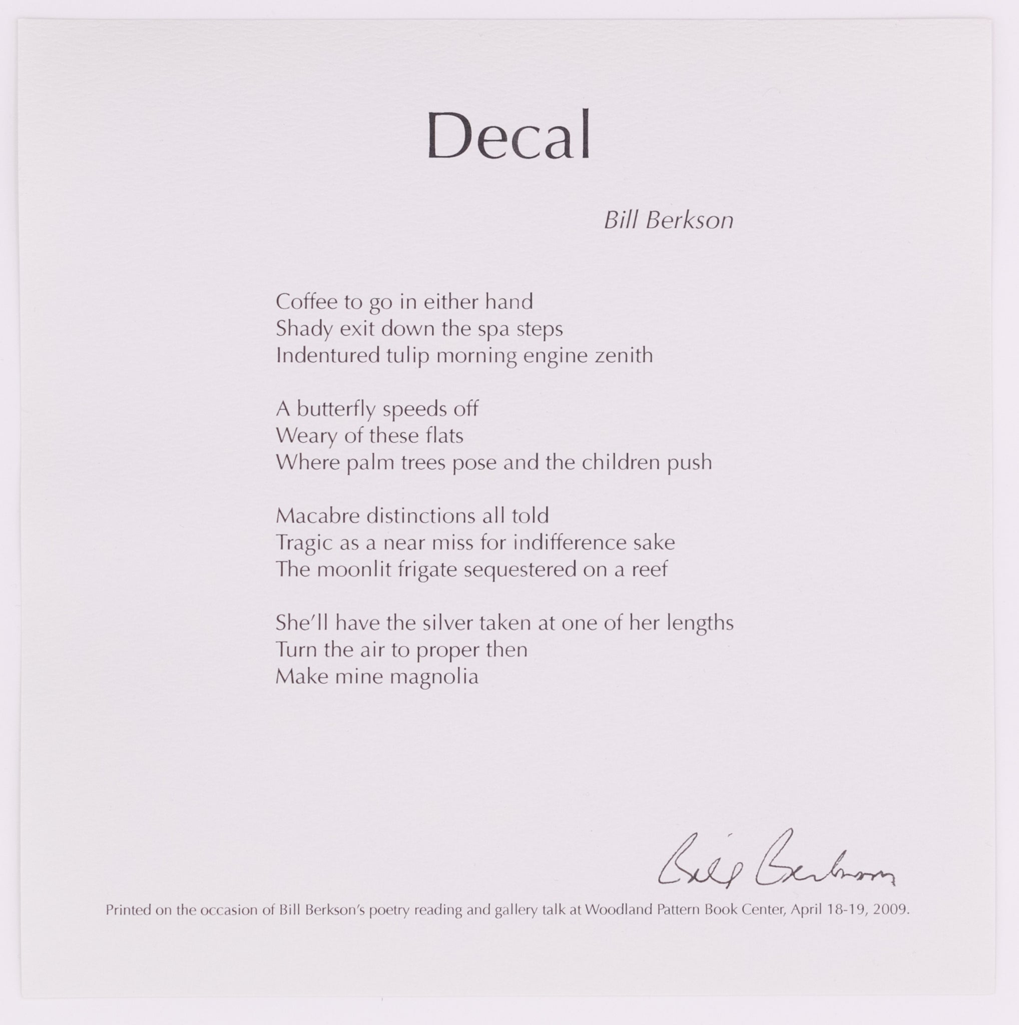 Broadside titled Decal by Bill Berkson. Black text on grey paper.