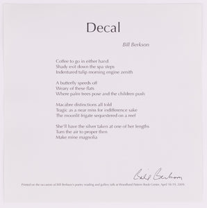 Broadside titled Decal by Bill Berkson. Black text on grey paper.