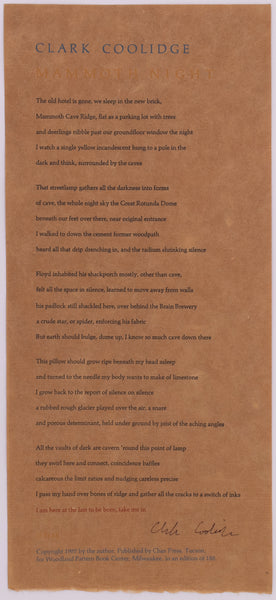 Broadside titled Mammoth Night by Clark Coolidge. Blue yellow red and black text on brown paper.