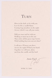 Broadside titled Turn by Annie Finch. Black text on cream paper.