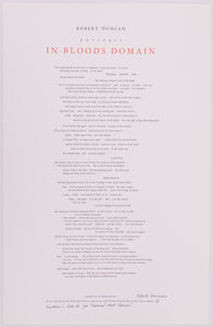 Broadside for Robert Duncan. The title is Passages/ In Blood's Domain. Black and red text on blueish grey paper.