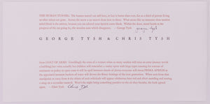 Broadside by George Tysh and Chris Tysh. In the middle of the page are the names of the two writers in black text. Above it is a passage called the human tunnel by George Tysh. Below it is a passage from Coat of Arms by Chris Tysh. Both of the passages are in a brownish red text on a grey paper.