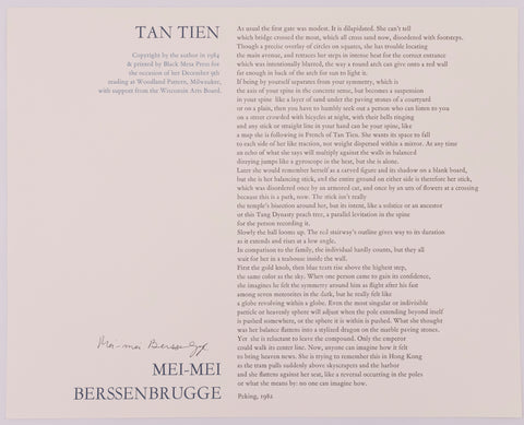 Broadside titled Tan Tien by Mei-Mei Berssenbrugge. Black and blue text on grey paper.