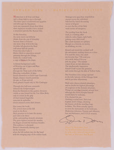 Broadside by Edward Dorn titled maximum Ostentation. Yellow red and black text on tan paper.