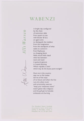 Broadside titled Wabenzi by Alli Warren. Green and black text on grey paper.