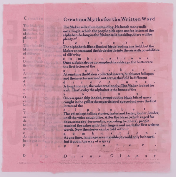 Showing all 3 variants of the broadside by Diane Glancy titled Creation Myths for the Written Word. Dark blue text on pink handmade paper. The paper has barely visible imprints of large letters scattered around creating a textured background.