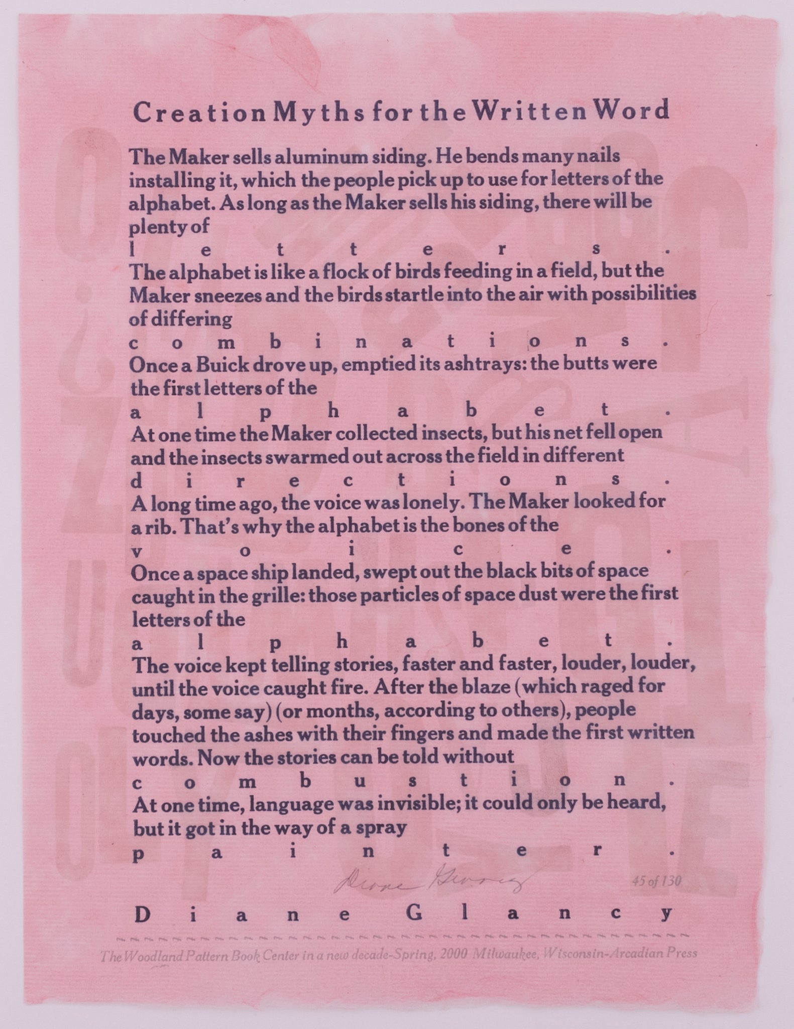 Broadside by Diane Glancy titled Creation Myths for the Written Word. Dark blue text on pink handmade paper. The paper has barely visible imprints of large letters scattered around creating a textured background.