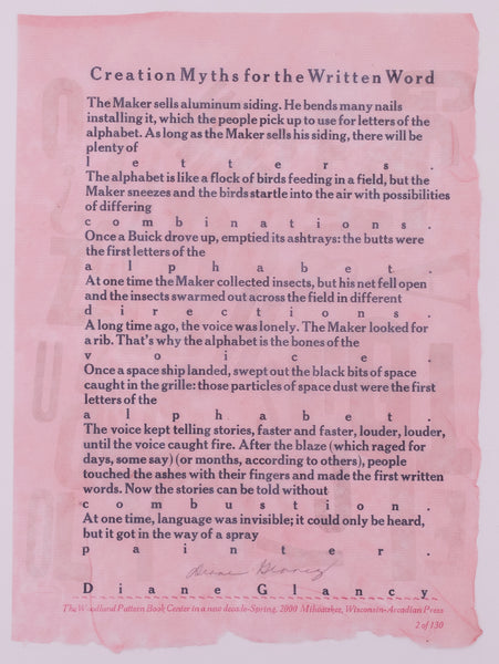Variant of the broadside by Diane Glancy titled Creation Myths for the Written Word. Dark blue text on pink handmade paper. The paper has barely visible imprints of large letters scattered around creating a textured background.