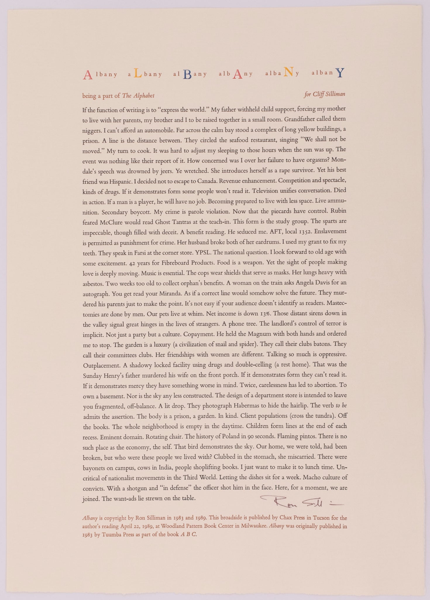 Broadside titled Albany by Ron Silliman. Red yellow blue brown and black text on cream paper.