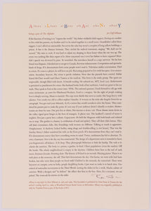 Broadside titled Albany by Ron Silliman. Red yellow blue brown and black text on cream paper.