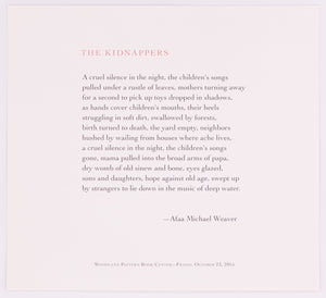 Broadside titled The Kidnappers by Afaa Michael Weaver. Red and black text on grey paper.