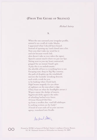 Broadside titled from the genre of silence by Michael Autrey. Black text on grey paper.