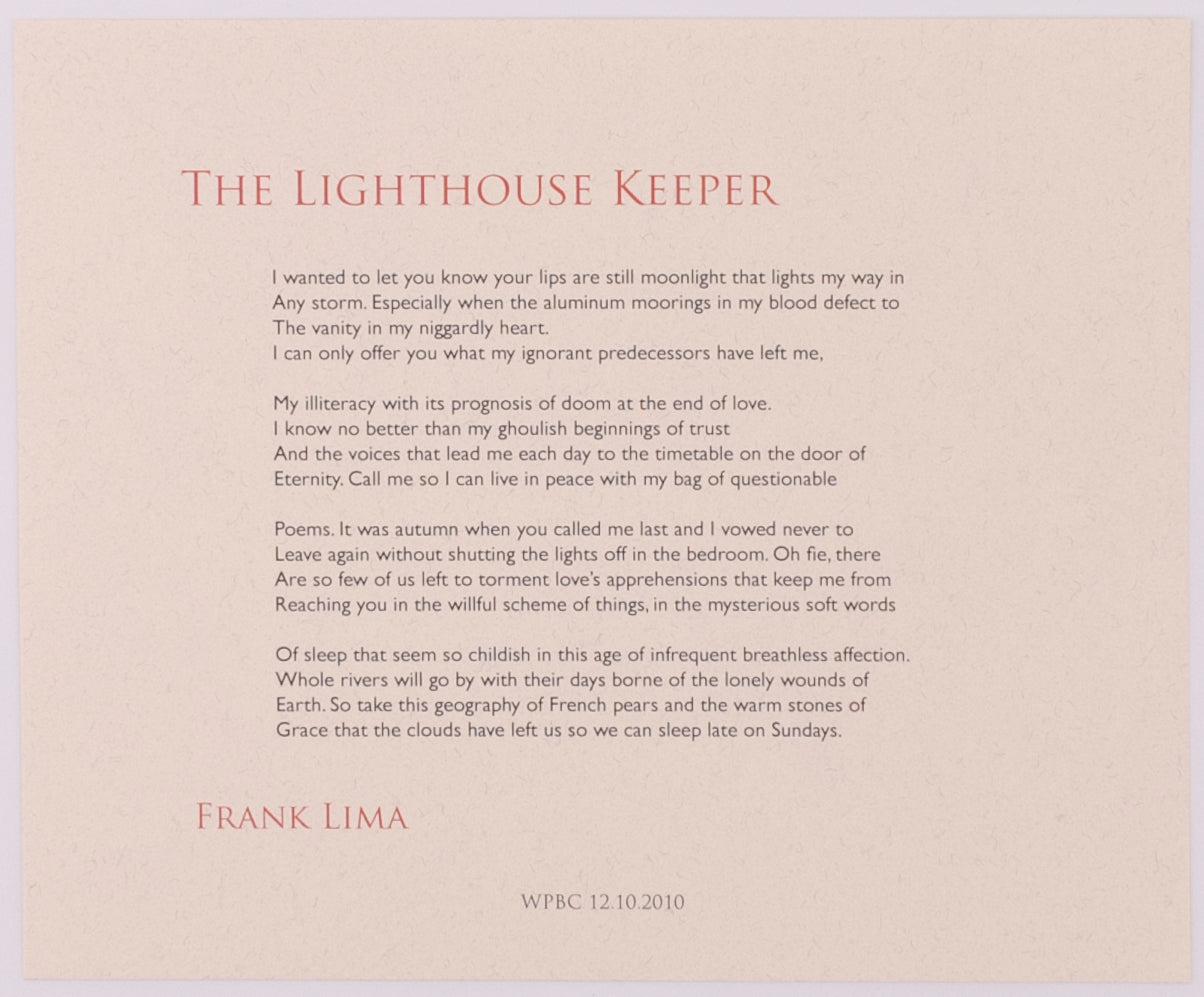 Broadside titled The lighthouse keeper by Frank Lima. Red and black text on cream paper.