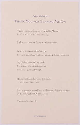 Broadside titled Thank you for turning me on by Susie Timmons. Blue and grey text on grey paper.