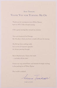 Broadside titled thank you for turning me on by Susie Timmons. Blue and black text on cream paper.
