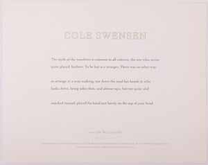 Broadside titled from on walking on by Cole Swensen. Green and black text on grey paper.