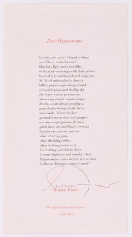 Broadside titled Dear Hippocampus by Susan Firer. Red and Black text on cream paper.