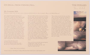 Broadside called Journal from fiends fell by Tom Pickard in grey text on cream paper. On the right side of the paper there are 6 photographs of a cloudy sky sitting right next to each other.