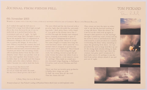 Broadside called Journal from fiends fell by Tom Pickard in grey text on cream paper. On the right side of the paper there are 6 photographs of a cloudy sky sitting right next to each other.